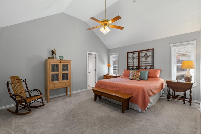 711 Aqua Vista Dr, Granbury, TX 76049 - carpeted bedroom with multiple windows, high vaulted ceiling, baseboards, and ceiling fan