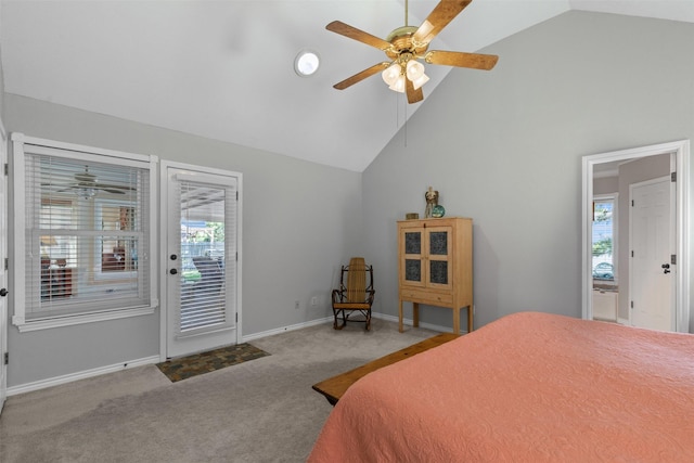 711 Aqua Vista Dr, Granbury, TX 76049 - carpeted bedroom with access to outside, multiple windows, baseboards, a ceiling fan, and high vaulted ceiling