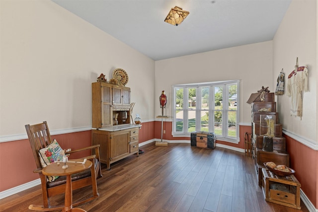 711 Aqua Vista Dr, Granbury, TX 76049 - living area with dark wood-style floors, baseboards, and wainscoting