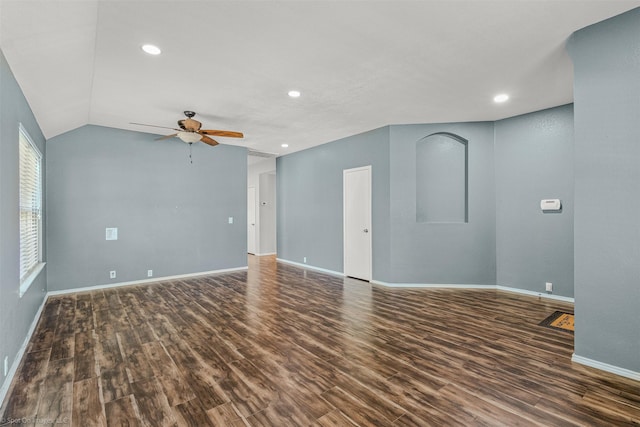3809 San Lorenzo Dr, Denton, TX 76210 - unfurnished room with a ceiling fan, wood finished floors, baseboards, recessed lighting, and lofted ceiling