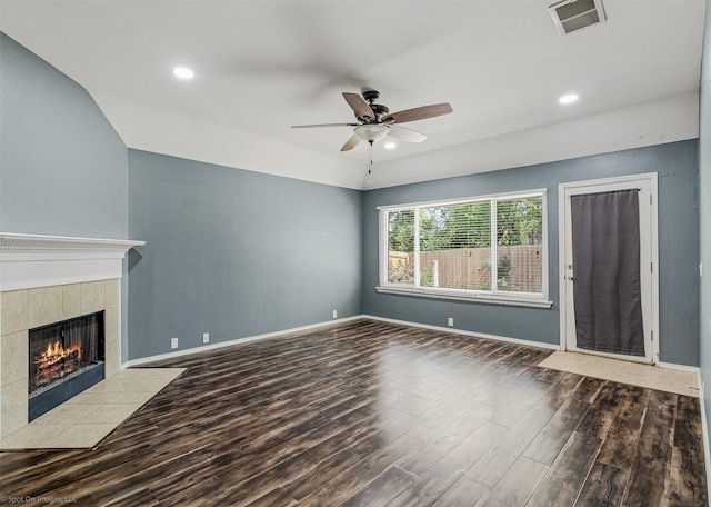 3809 San Lorenzo Dr, Denton, TX 76210 - unfurnished living room with wood finished floors, ceiling fan, a fireplace, baseboards, and recessed lighting