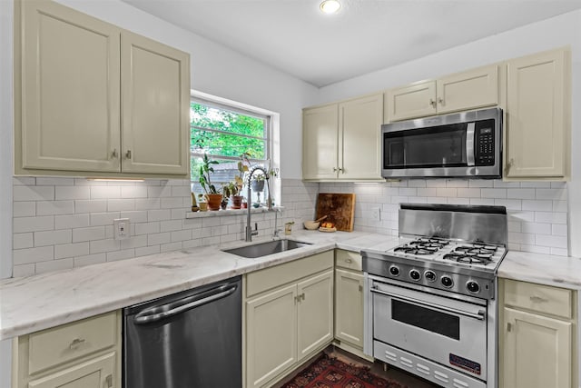 11202 Myrtice Dr, Dallas, TX 75228 - kitchen featuring stainless steel appliances, a sink, cream cabinetry, and recessed lighting