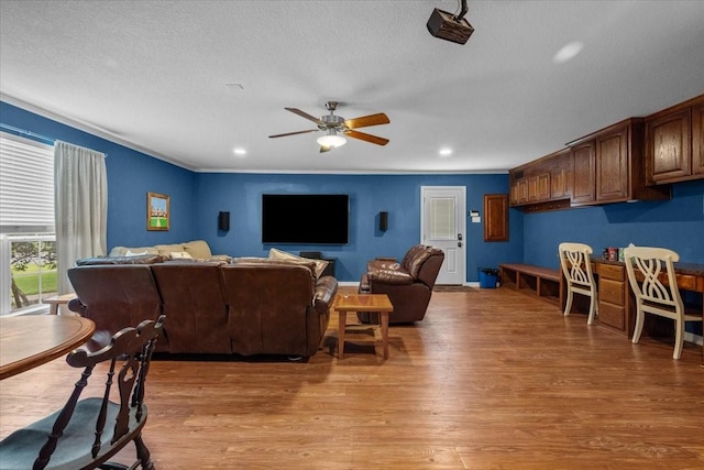 809 Remington Park, Robinson, TX 76706 - living area with light wood finished floors, ceiling fan, a textured ceiling, ornamental molding, and recessed lighting