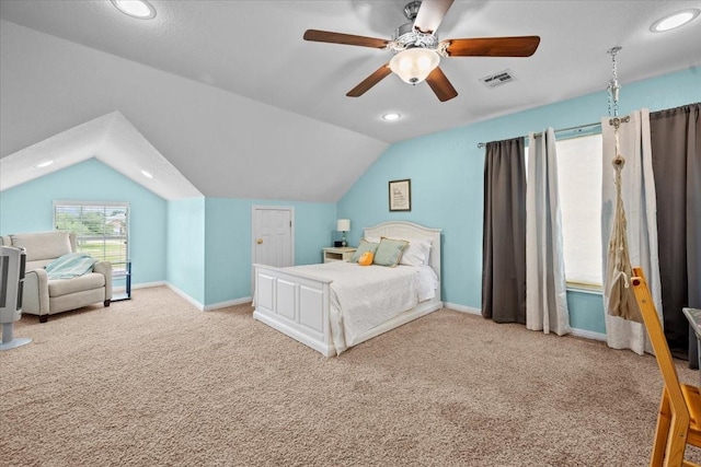 809 Remington Park, Robinson, TX 76706 - bedroom with vaulted ceiling, carpet flooring, recessed lighting, baseboards, and a ceiling fan