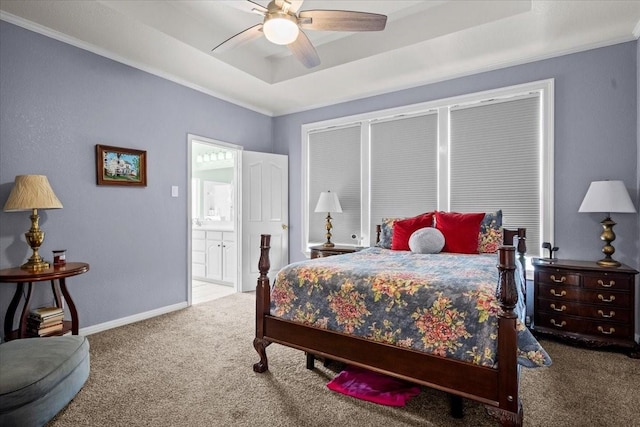 809 Remington Park, Robinson, TX 76706 - bedroom featuring a tray ceiling, carpet, ornamental molding, ensuite bathroom, and baseboards