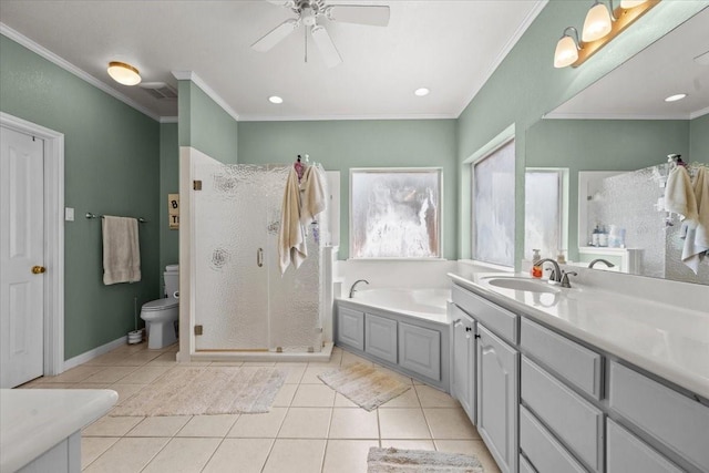 809 Remington Park, Robinson, TX 76706 - full bath featuring toilet, crown molding, a garden tub, a shower stall, and tile patterned floors