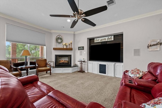 809 Remington Park, Robinson, TX 76706 - living area featuring ornamental molding, carpet floors, a fireplace, and a ceiling fan