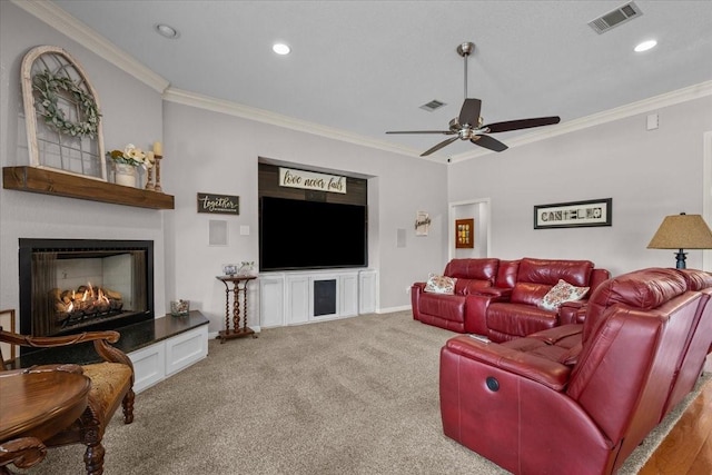 809 Remington Park, Robinson, TX 76706 - carpeted living room featuring crown molding, ceiling fan, a large fireplace, recessed lighting, and baseboards