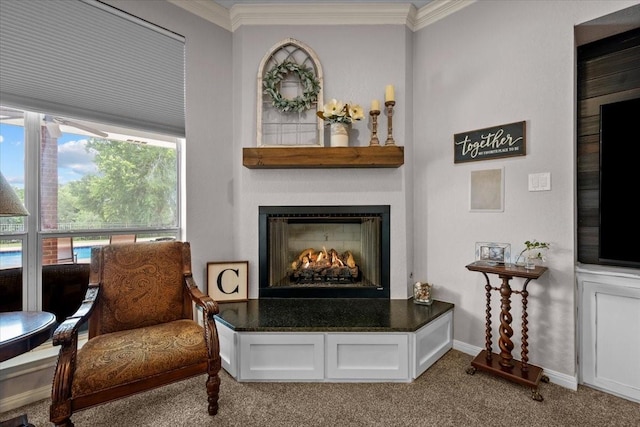 809 Remington Park, Robinson, TX 76706 - sitting room featuring carpet, crown molding, a warm lit fireplace, and baseboards