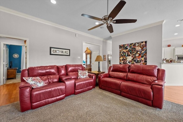 809 Remington Park, Robinson, TX 76706 - living area with a ceiling fan, crown molding, wood finished floors, and recessed lighting