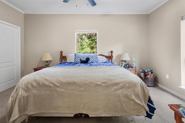 18551 Lazy Ln, Flint, TX 75762 - carpeted bedroom featuring crown molding, a ceiling fan, and baseboards