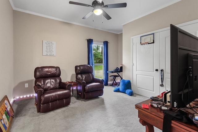 18551 Lazy Ln, Flint, TX 75762 - carpeted living room featuring a ceiling fan and crown molding