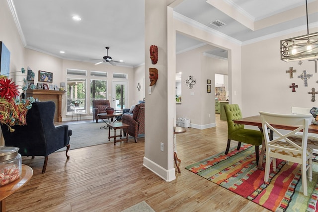 18551 Lazy Ln, Flint, TX 75762 - dining room with crown molding, light wood finished floors, recessed lighting, baseboards, and a ceiling fan