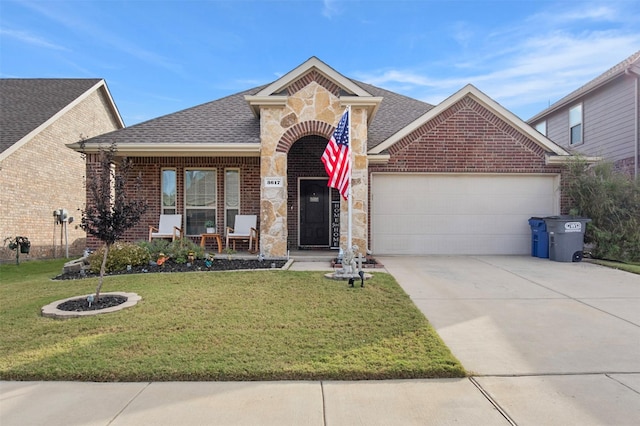 3617 Fordham St, Frisco, TX 75036 - view of front of property featuring brick siding, an attached garage, concrete driveway, a front lawn, and a shingled roof