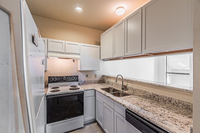 4430 Point Blvd Unit 204, Garland, TX 75043 - kitchen featuring range with electric cooktop, under cabinet range hood, a sink, light stone countertops, and dishwashing machine