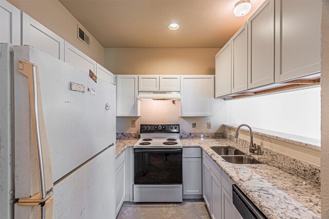 4430 Point Blvd Unit 204, Garland, TX 75043 - kitchen with range with electric cooktop, a sink, under cabinet range hood, freestanding refrigerator, and light stone counters