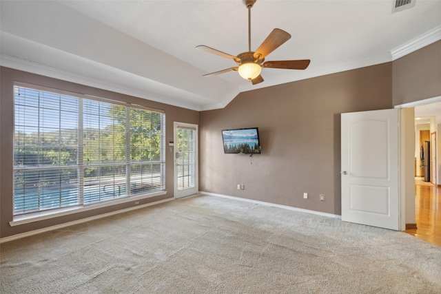 2822 Roundrock, Mckinney, TX 75072 - spare room with crown molding, ceiling fan, carpet, vaulted ceiling, and baseboards