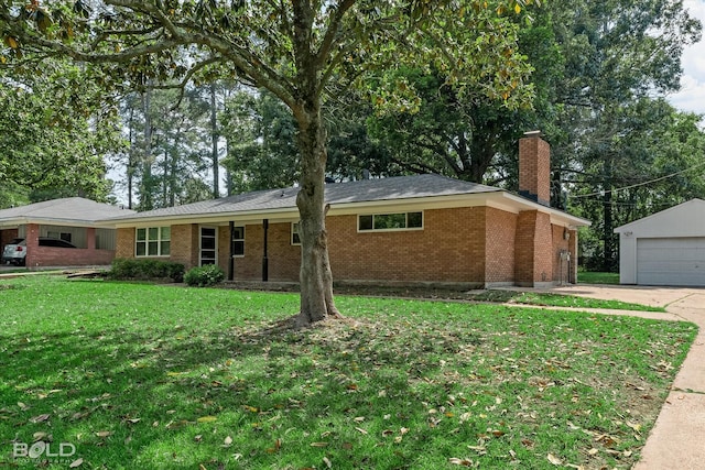 9312 Pine Grove St, Shreveport, LA 71118 - ranch-style home with a chimney, brick siding, a front yard, a detached garage, and an outdoor structure