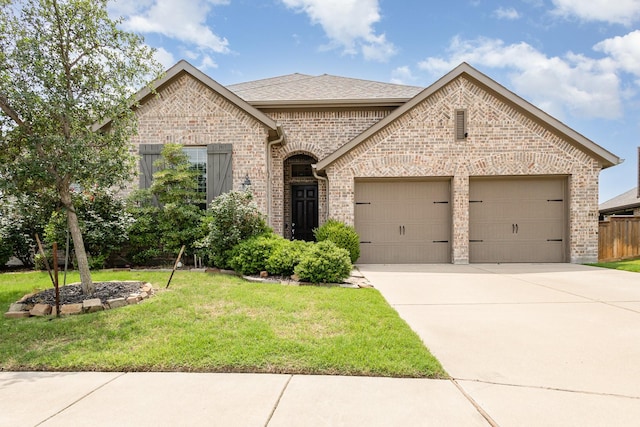 1502 Barley Ct, Forney, TX 75126 - french country inspired facade featuring a garage, brick siding, a front lawn, concrete driveway, and a shingled roof