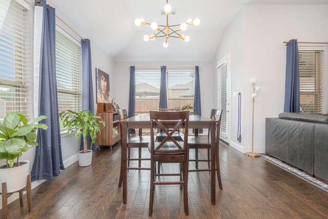 1502 Barley Ct, Forney, TX 75126 - dining area featuring a chandelier, vaulted ceiling, baseboards, and dark wood-style flooring