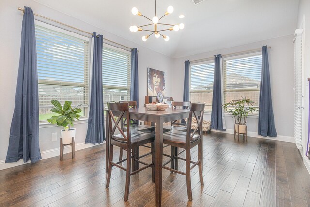 1502 Barley Ct, Forney, TX 75126 - dining room featuring a chandelier, dark wood-style floors, lofted ceiling, and baseboards