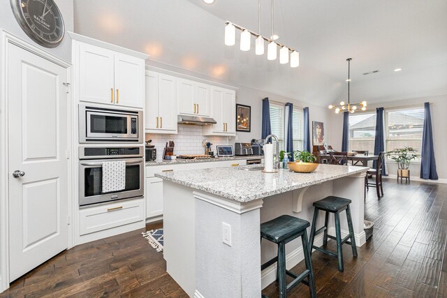 1502 Barley Ct, Forney, TX 75126 - kitchen with appliances with stainless steel finishes, a sink, a chandelier, under cabinet range hood, and dark wood finished floors