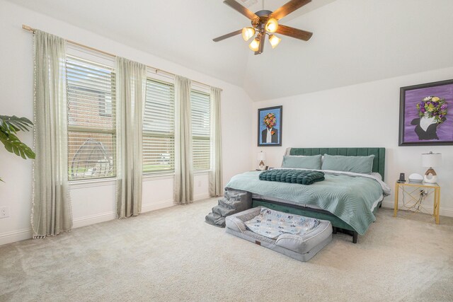 1502 Barley Ct, Forney, TX 75126 - bedroom featuring carpet floors, baseboards, vaulted ceiling, and ceiling fan