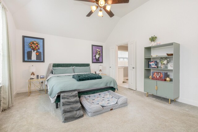 1502 Barley Ct, Forney, TX 75126 - carpeted bedroom with baseboards, ceiling fan, and high vaulted ceiling