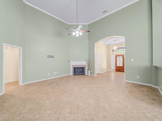 8713 Deepwood Ln, Fort Worth, TX 76123 - unfurnished living room featuring high vaulted ceiling, light tile patterned flooring, arched walkways, ceiling fan, and a fireplace