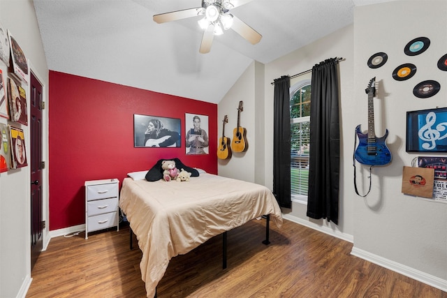 112 Topaz Cir, Hewitt, TX 76643 - bedroom featuring wood finished floors, vaulted ceiling, baseboards, and ceiling fan