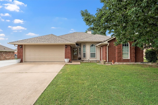 112 Topaz Cir, Hewitt, TX 76643 - ranch-style home with concrete driveway, an attached garage, a front lawn, a chimney, and brick siding