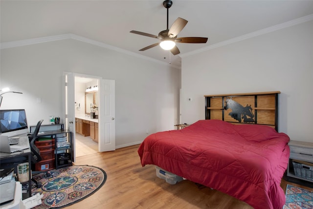 1212 Live Oak St, Royse City, TX 75189 - bedroom with light wood-style floors, crown molding, a desk, ensuite bathroom, and lofted ceiling