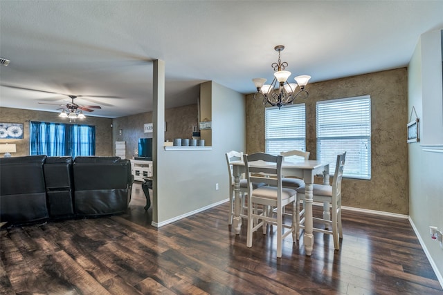 1224 Evergreen St, Royse City, TX 75189 - dining room with wood finished floors, a chandelier, ceiling fan, and baseboards