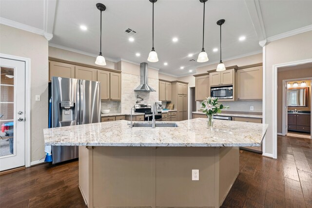9205 Yellow Stone Rd, Waco, TX 76712 - kitchen featuring wall chimney range hood, appliances with stainless steel finishes, a sink, tasteful backsplash, and a large island