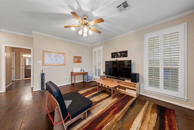 9205 Yellow Stone Rd, Waco, TX 76712 - living area featuring an office area, crown molding, hardwood / wood-style flooring, ceiling fan, and baseboards