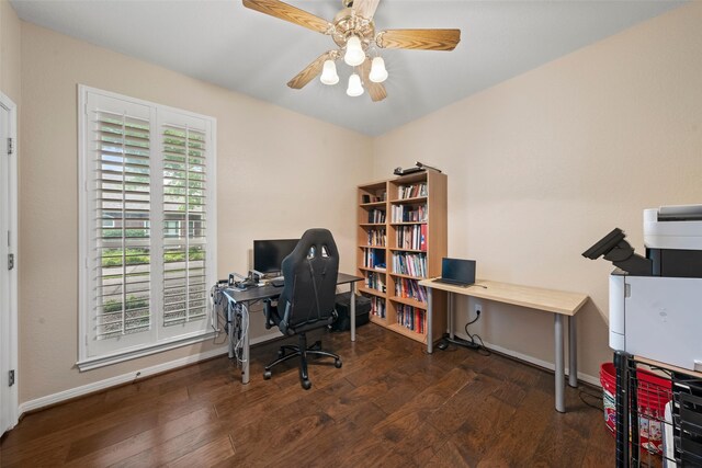 9205 Yellow Stone Rd, Waco, TX 76712 - office area with wood finished floors, ceiling fan, and baseboards