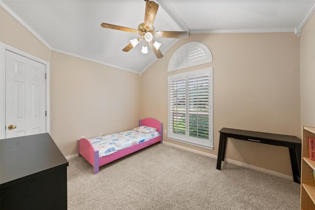 9205 Yellow Stone Rd, Waco, TX 76712 - carpeted bedroom featuring vaulted ceiling, crown molding, baseboards, and a ceiling fan