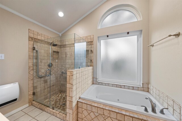 9205 Yellow Stone Rd, Waco, TX 76712 - bathroom featuring a shower stall, ornamental molding, a garden tub, vaulted ceiling, and tile patterned flooring