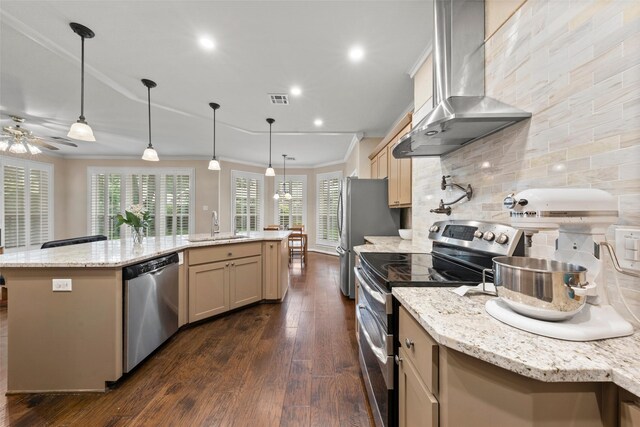 9205 Yellow Stone Rd, Waco, TX 76712 - kitchen featuring appliances with stainless steel finishes, wall chimney range hood, crown molding, dark wood-style flooring, and a sink