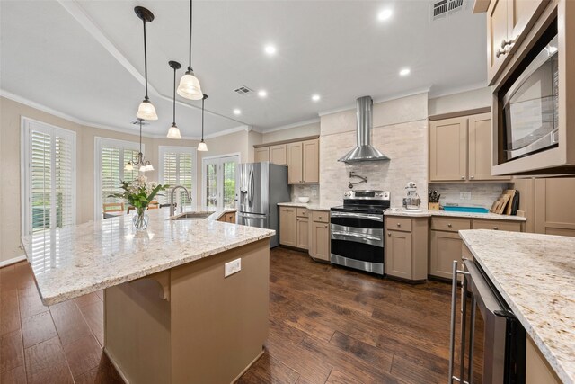 9205 Yellow Stone Rd, Waco, TX 76712 - kitchen featuring appliances with stainless steel finishes, a sink, wall chimney exhaust hood, ornamental molding, and wine cooler