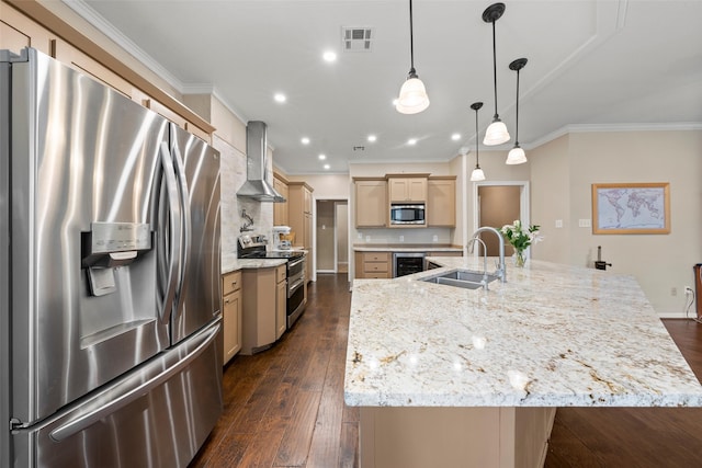 9205 Yellow Stone Rd, Waco, TX 76712 - kitchen with appliances with stainless steel finishes, a sink, wall chimney range hood, wine cooler, and recessed lighting