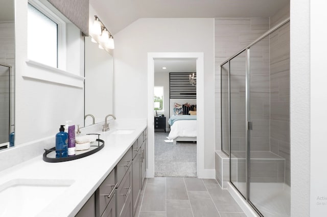 1406 Fennel, Argyle, TX 76226 - ensuite bathroom featuring a shower stall, tile patterned flooring, double vanity, and lofted ceiling