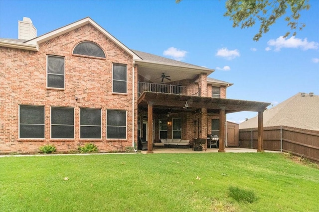 406 Doyle Dr, Keller, TX 76248 - back of house with a balcony, a ceiling fan, a patio, brick siding, and a chimney