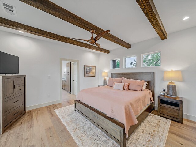 6362 Belz Rd, Sanger, TX 76266 - bedroom with beamed ceiling, light wood-type flooring, baseboards, recessed lighting, and ceiling fan