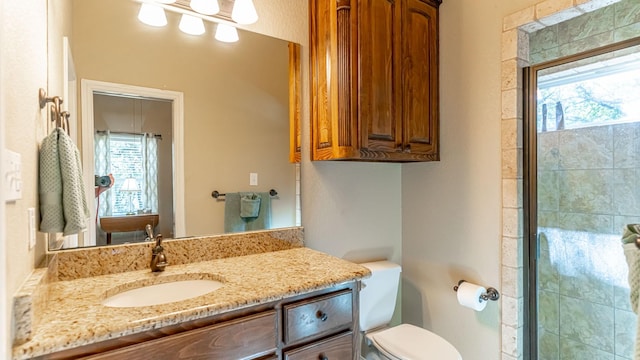 1851 Rock Church Hwy, Tolar, TX 76476 - bathroom featuring plenty of natural light, toilet, vanity, and a tile shower