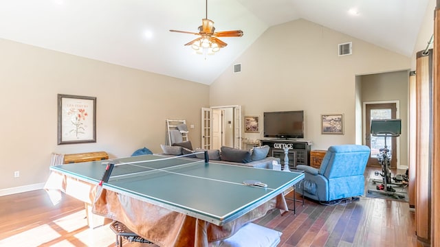 1851 Rock Church Hwy, Tolar, TX 76476 - playroom featuring wood finished floors, high vaulted ceiling, a ceiling fan, recessed lighting, and baseboards