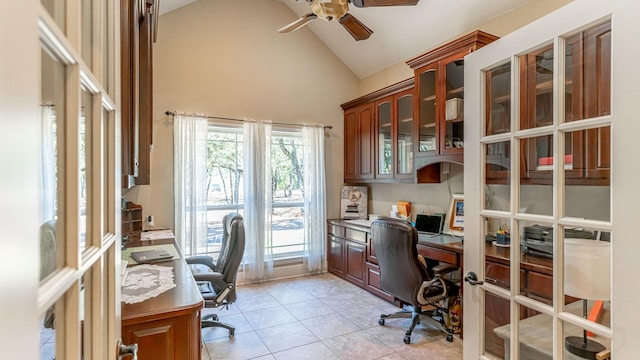 1851 Rock Church Hwy, Tolar, TX 76476 - office area featuring ceiling fan, light tile patterned floors, high vaulted ceiling, and built in study area