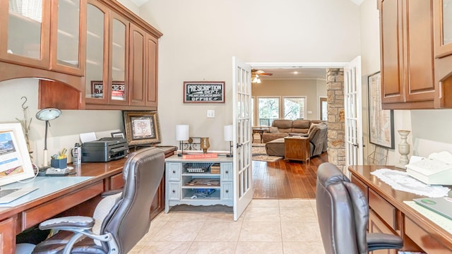 1851 Rock Church Hwy, Tolar, TX 76476 - office area featuring ceiling fan, light tile patterned floors, a towering ceiling, and built in desk