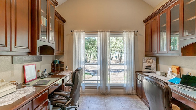 1851 Rock Church Hwy, Tolar, TX 76476 - home office featuring vaulted ceiling, plenty of natural light, and light tile patterned floors