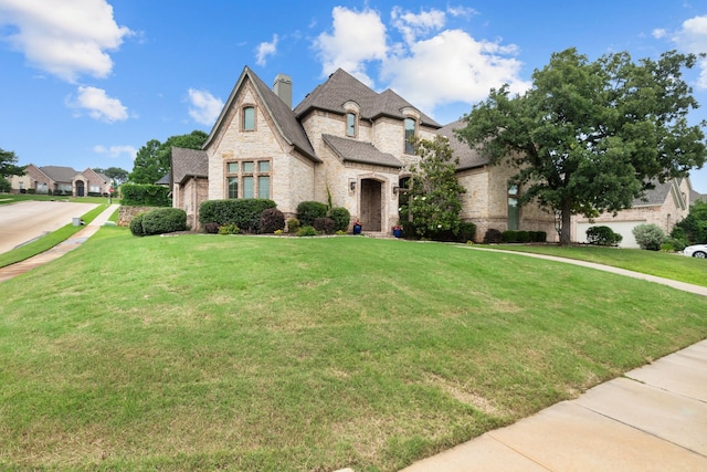 608 Guadalupe Rd, Keller, TX 76248 - french country style house with stone siding, a front lawn, a chimney, and brick siding